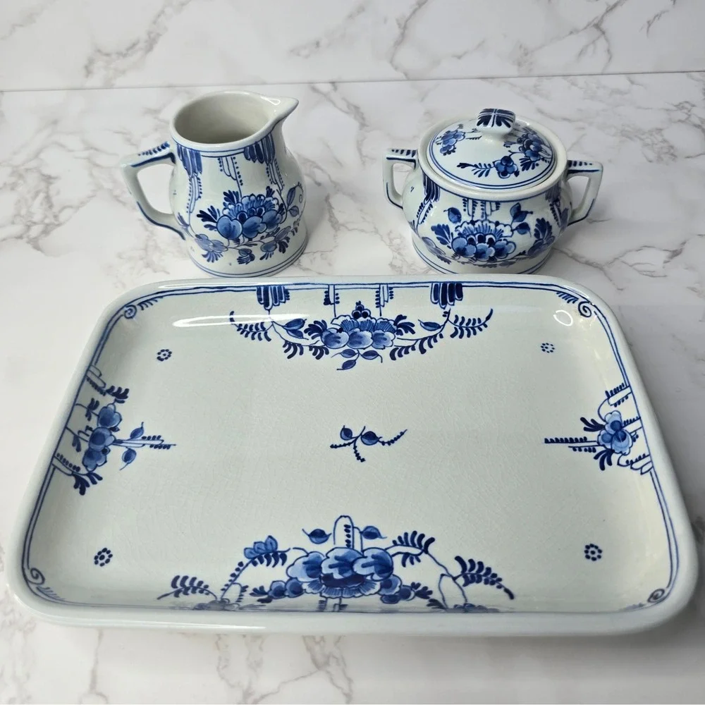 Vintage 1961 Royal Delft Porceleyne Fles Hand Painted Creamer Sugar Tray Set